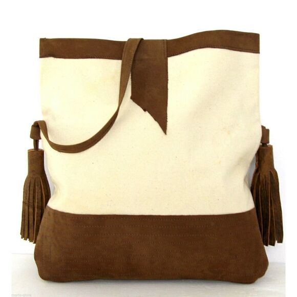 HANDMADE MURKA NATURAL IVORY CANVAS BROWN LEATHER TASSEL FOLD OVER SHOULDER BAG - Picture 1 of 11
